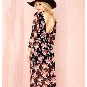 For Love & Lemons Revolve Open Back Floral Maxi Dress Sheer Long Sleeves​​​​​